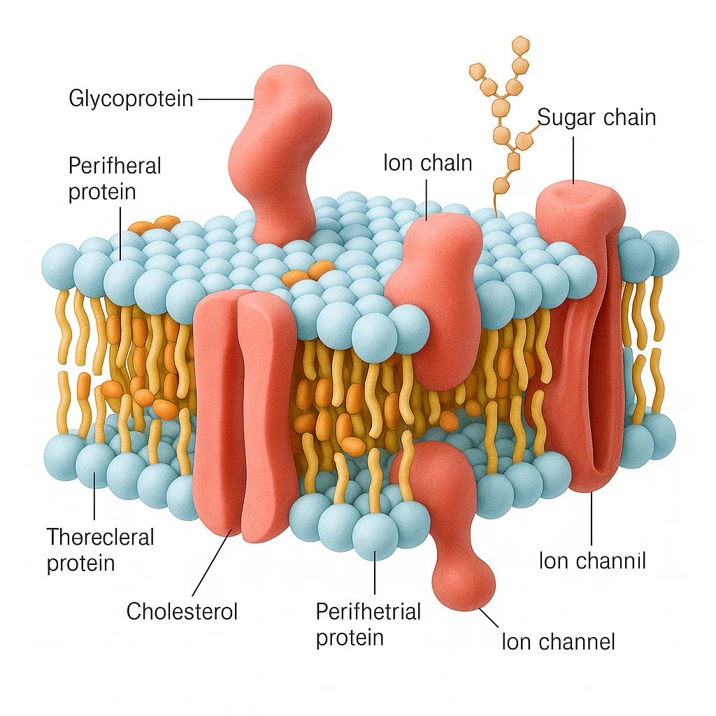 A highly detailed, scientifically accurate cross-section of a biological cell membrane (lipid bilayer) on a white background, ultra-realistic 3D illustration. Show the phospholipid bilayer with hydrophilic heads (round, polar) facing outward and hydrophobic tails (chains) inside. Include embedded proteins (integral and peripheral), cholesterol molecules (small, rigid), glycoproteins with sugar chains, and ion channels. The style should be clean, lab-textbook style, with subtle shadows and depth. Use a color scheme: light blue for hydrophilic heads, yellow for hydrophobic tails, red/pink for proteins, and orange for cholesterol. Microscope-like precision, no artistic stylization. emoji