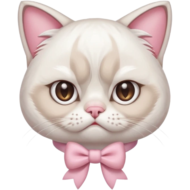 A White grumpy cat with light pink ears and paws and with a bow around its neck emoji