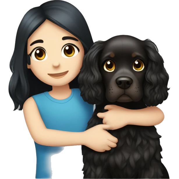 Black hair brown eye girl and blue eye blond hair boy cuddling a black cocker spaniel emoji