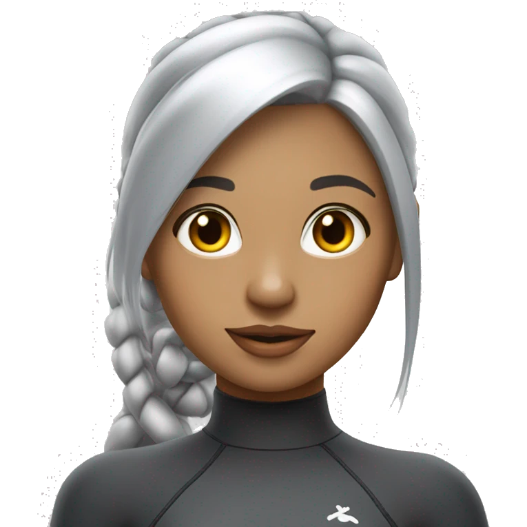 A hot and beautiful cartoon girl with silver hair with straight bangs tied up with a pretty ponytail wearing a silver long sleeved sleeves wetsuit emoji