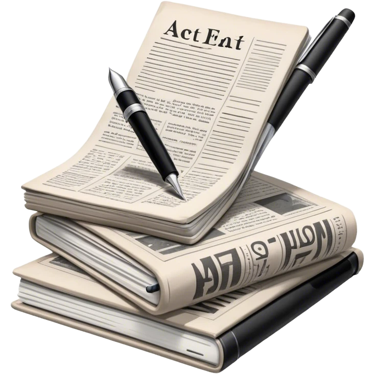 Create an emoji representing journalism and publicistic writing. The design should feature a stack of newspapers, an open notebook with visible text, and a single fountain pen placed near the notebook, symbolizing the act of writing. Use neutral, professional colors like black, white, and muted tones to convey a sense of seriousness and intellect. Do not include any emojis or smiley faces. Make the background transparent. emoji