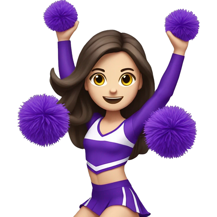 Caucasian cheerleader with long dark brown hair, jumping and holding up two purple Pom poms, small full body emoji emoji
