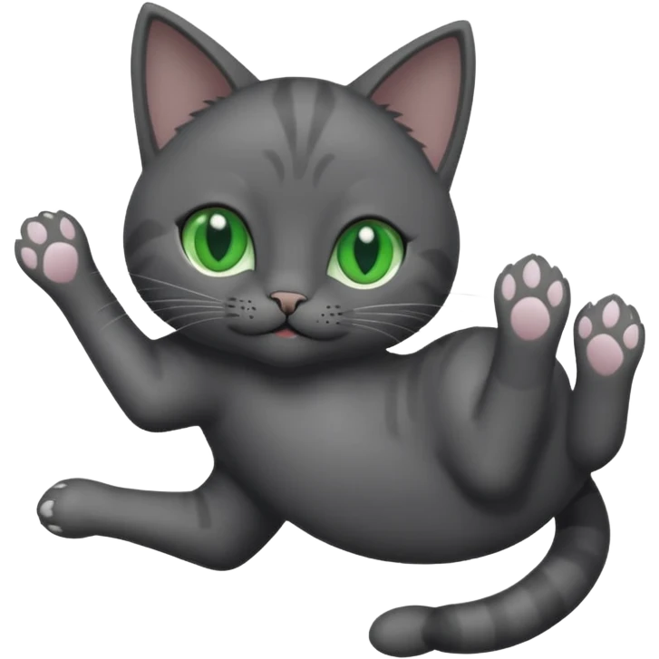 solid dark grey cat with green eyes, completely solid grey face, white toes/paws playing rolling upside down emoji