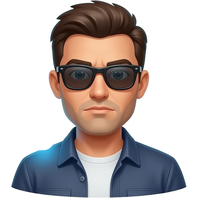 A informal man with sunglasses, glowing digital, symbols on the around, a floating Facebook logo, on the left shoulder, looking at viewer, a very serious. Text on below: 'What's your topic, lady?' shimmering a red x cross and a green check icons emoji