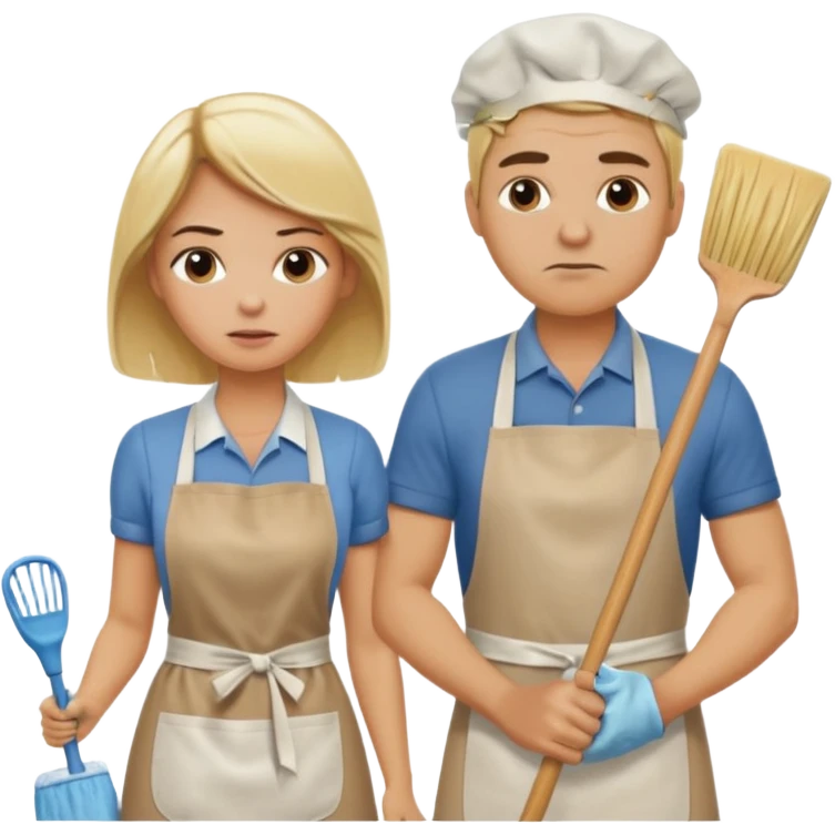 A blonde women slaving away cleaning a kitchen while her blonde husband scowls at her emoji