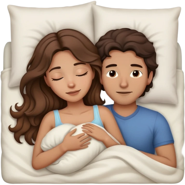 Man with dark brown wavy hair and woman with long light brown hair in bed cuddling and sleeping  emoji