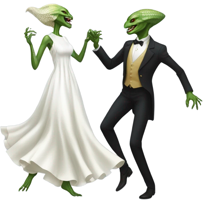  a Reptilian alien woman, in white dress, dance with a human man in frack emoji