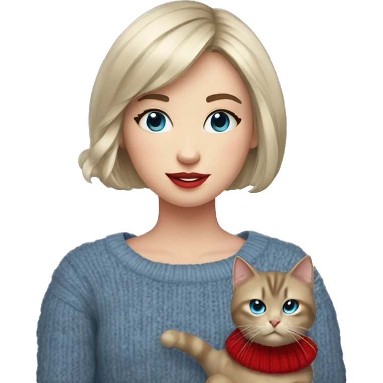 girl with short hair and bangs with blue eyes, long eyelashes and red lipstick in a red cable knit sweater holding a grey cat emoji