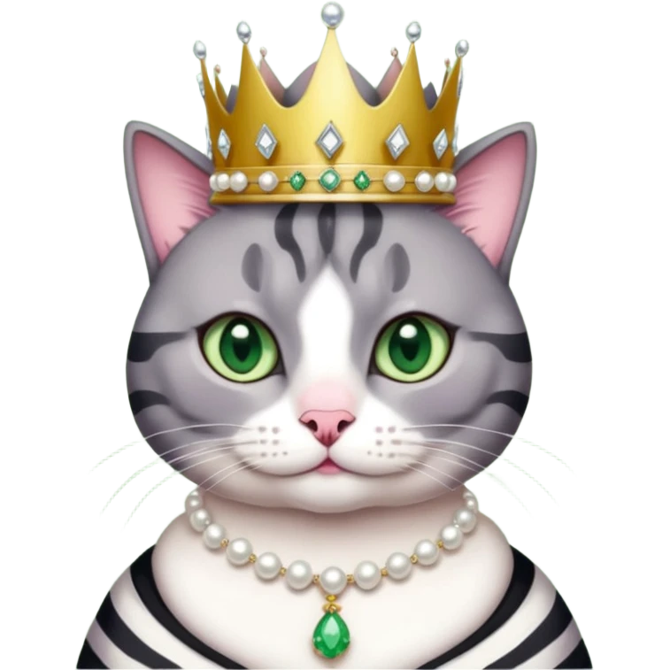 Gatito gris oscura con rayas negras ojos verdes vestida de reina con coronas y diamantes, más peluda y gordita  emoji