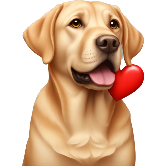 Red Labrador holding a heart emoji