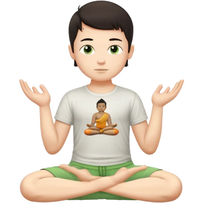 Menino branco de cabelo escuro, camiseta e bermuda verde claro sentado em pose de Buda com as mãos em forma de Mudra emoji