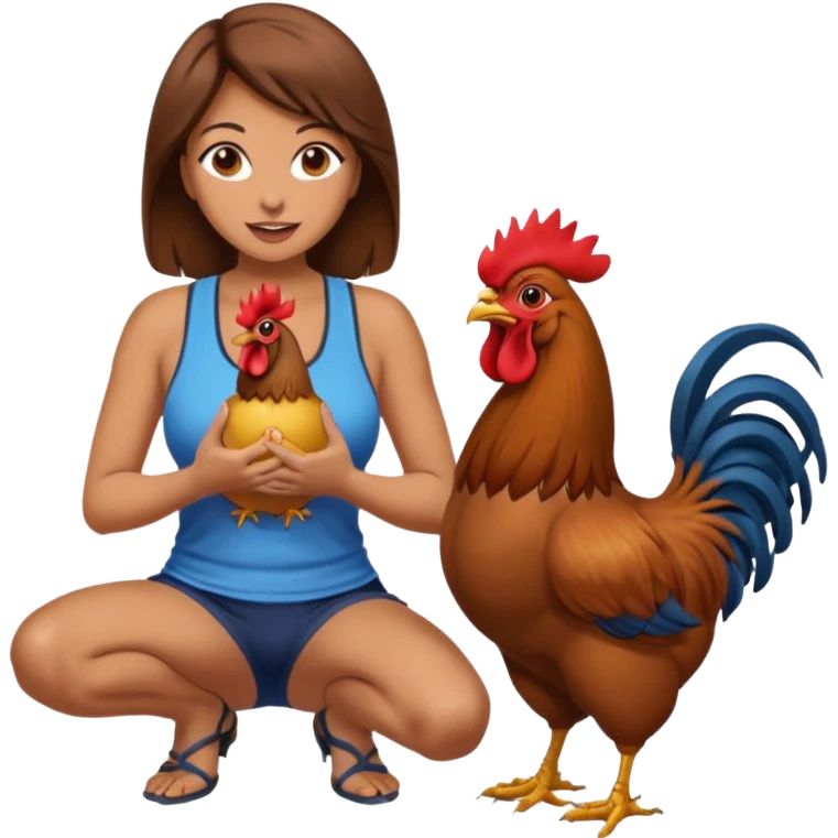 Kneeling Brown hair very large boob Woman open mouth tank top holding one rooster emoji