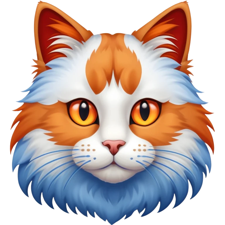 a big fluffy cat with long whiskers, brown ears and top of the head, red right eye, blue left eye emoji