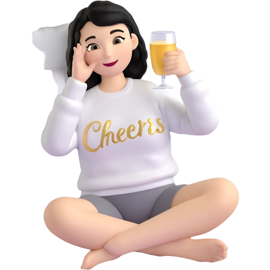A woman with shoulder-length black hair, light to medium skin tone, full cheeks, and almond-shaped eyes, wearing a white sweater with the word 'cheers' in gold script, lying comfortably on a bed with soft lighting, joyful and radiant expression emoji