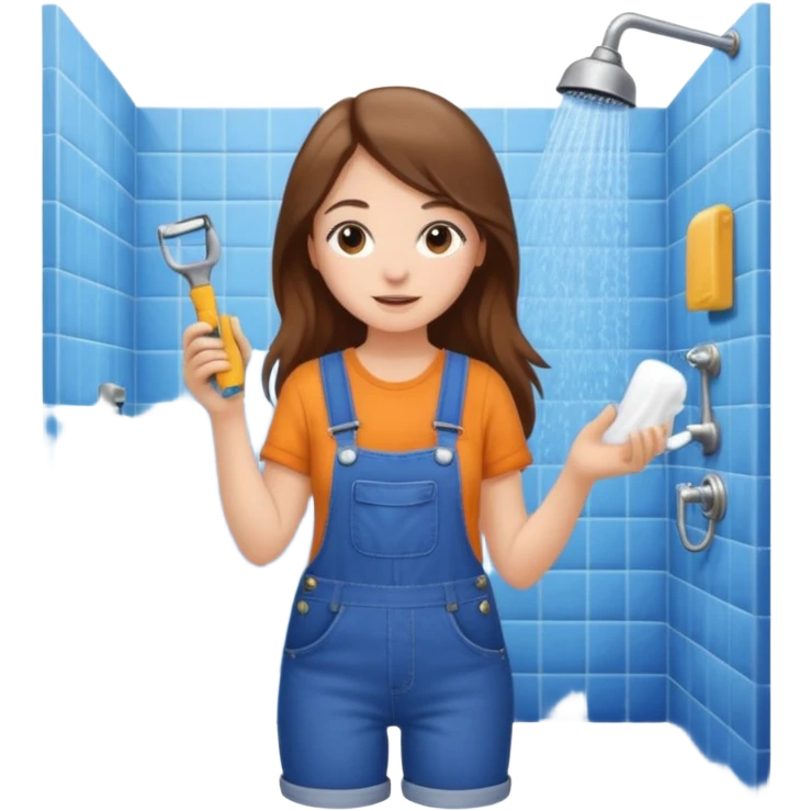 beautiful girl with long brown hair constructing new bathroom area with new shower and amenities  emoji