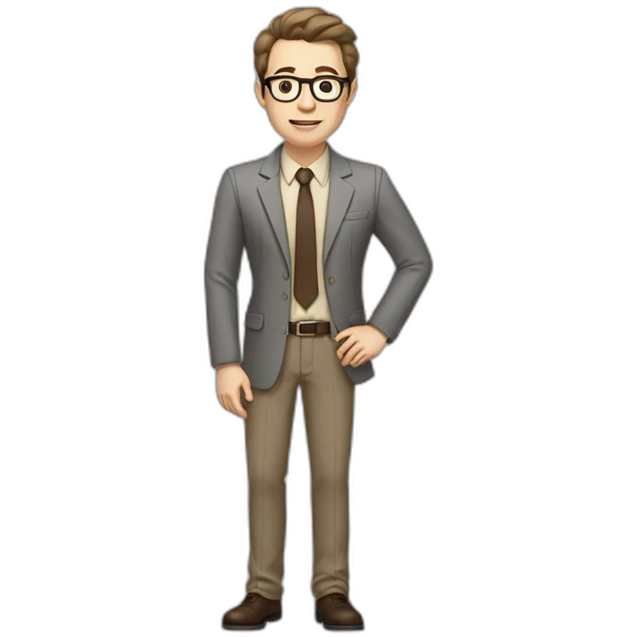 Full height Actively Gesturing Pale skinned fit man with dark brown hair in gray jacket, beige office shirt, brown tie, brown pants and vintage glasses. emoji