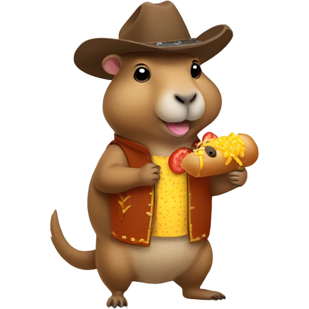 Asian capybara in a cowboy outfit that’s eating a sonic corn dog emoji