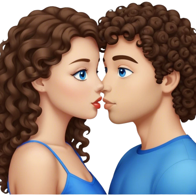 Curly brown hair Caucasian kissed a brunette with straight hair and blue eyes emoji