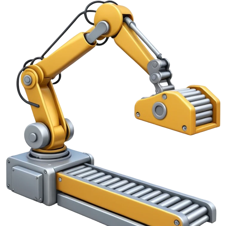 robot arm which is picking block on conveyor belt emoji