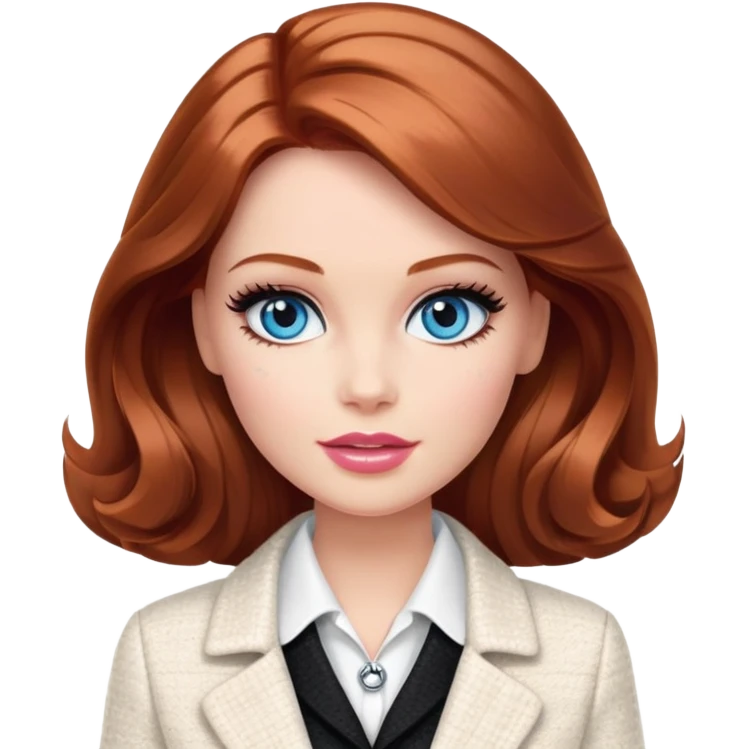 A Barbie girl with blue eyes, shoulder-length reddish-brown hair with makeup, wearing a white tweed jacket and a black skirt stands with chanel brand cream emoji