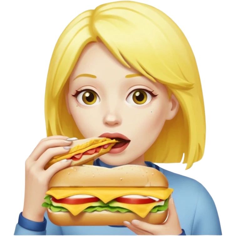 A woman with yellow hair and yellow skin eating a HUGE sandwich emoji