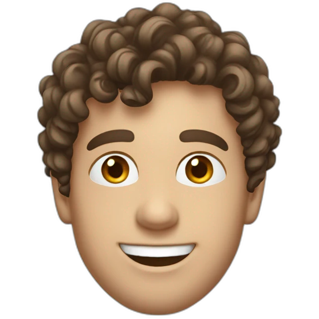 Young european business man with brown curly hair, sidecut, smiling, blue suit emoji