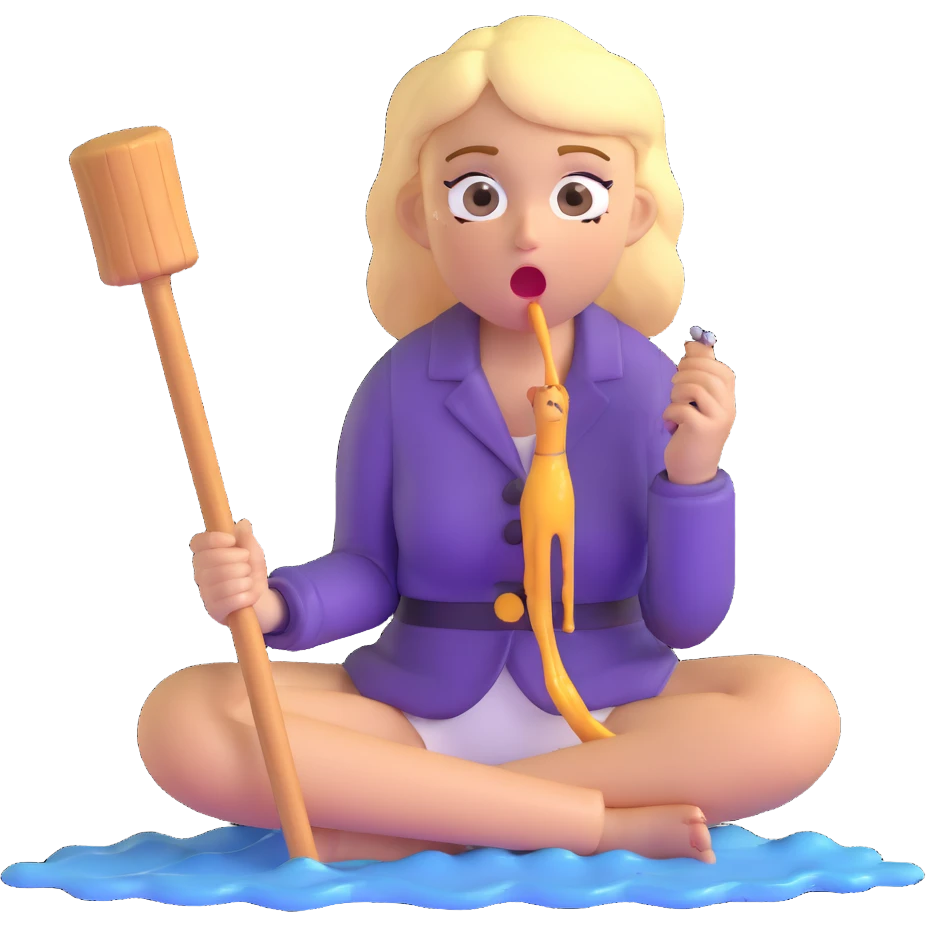 blond woman sitting on her knees with wide eyes, she's holding a wide stick with a D-shaped knob, the stick is made of skin, water squirting from the knob into her mouth, shocked face emoji