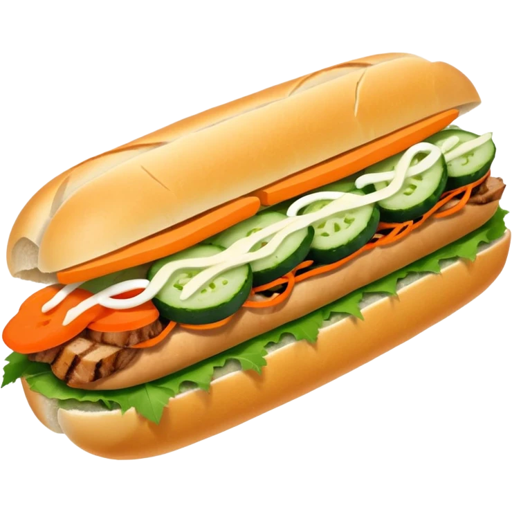 traditional banh mi with char grilled pork emoji 


    Very crusty baguette

    Mayo 

    Pickled carrot 

    Cucumber, coriander/cilantro, green onion, chilli 
 emoji