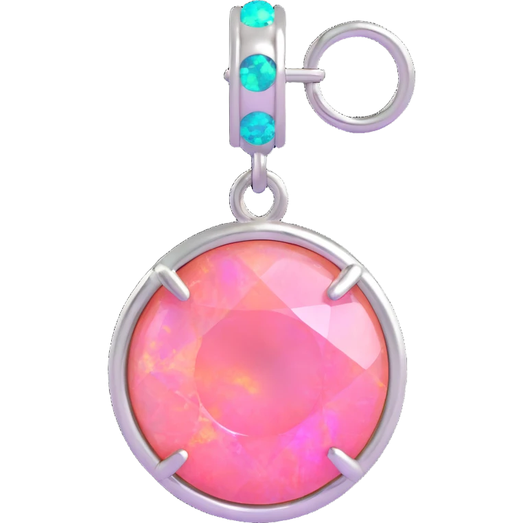 ultra close-up of a round cut pink fire opal charm with silver setting and silver jump ring, holographic and neon accents emoji