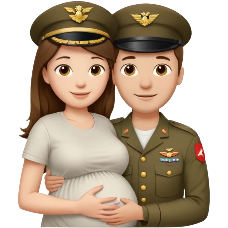 
"Pregnant woman with long brown hair and fair skin wearing a t shirt white and man with short brown hair and fair skin (without a mustache), wearing a brown military uniform, hugging and smiling."
 emoji