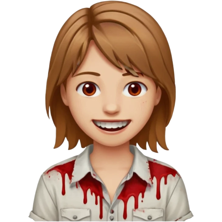 парень с русыми волосами средней длины; белая кожа; белые глаза; открытая улыбка, окровавленные зубы; emoji