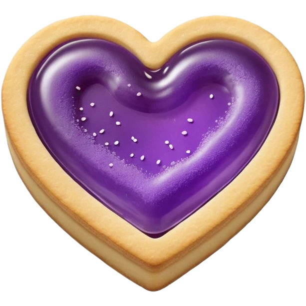 Realistic shortbread cookie in the shape of a heart with purple pastel jelly middle filling and sprinkled powder sugar on top. emoji