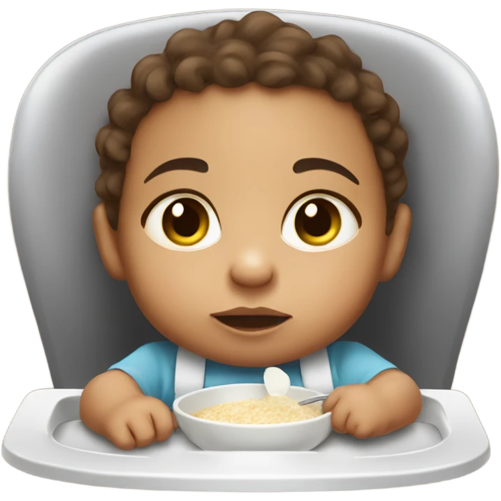 Baby eating porridge in high chair with brown hair, eyes and mixed race Jamaican  emoji
