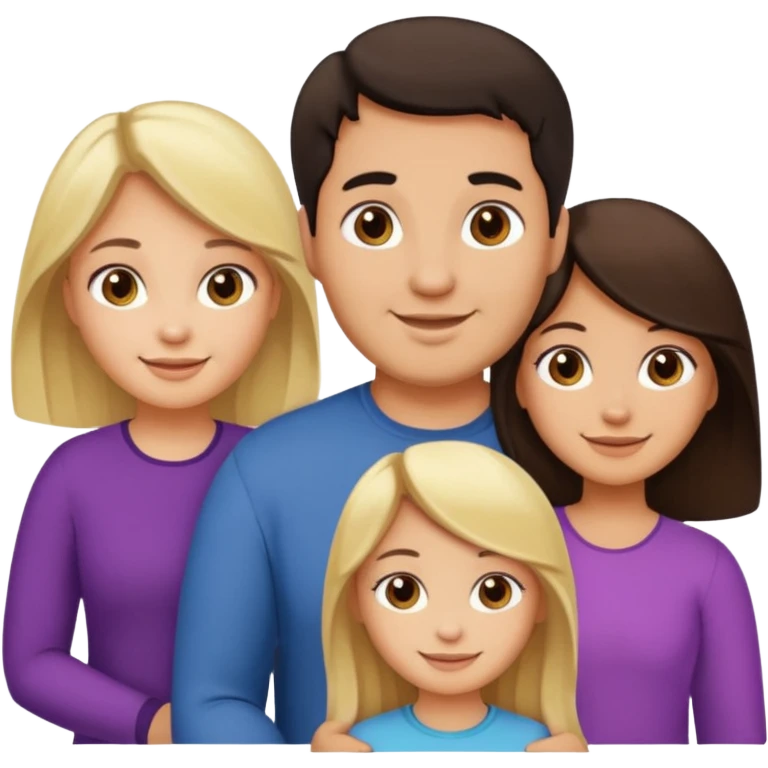 Familia de 4 personas : Hombre gordito,pelo oscuro, Mujer pelo cafe, hija pelo mono , hija pelo oscuro. emoji