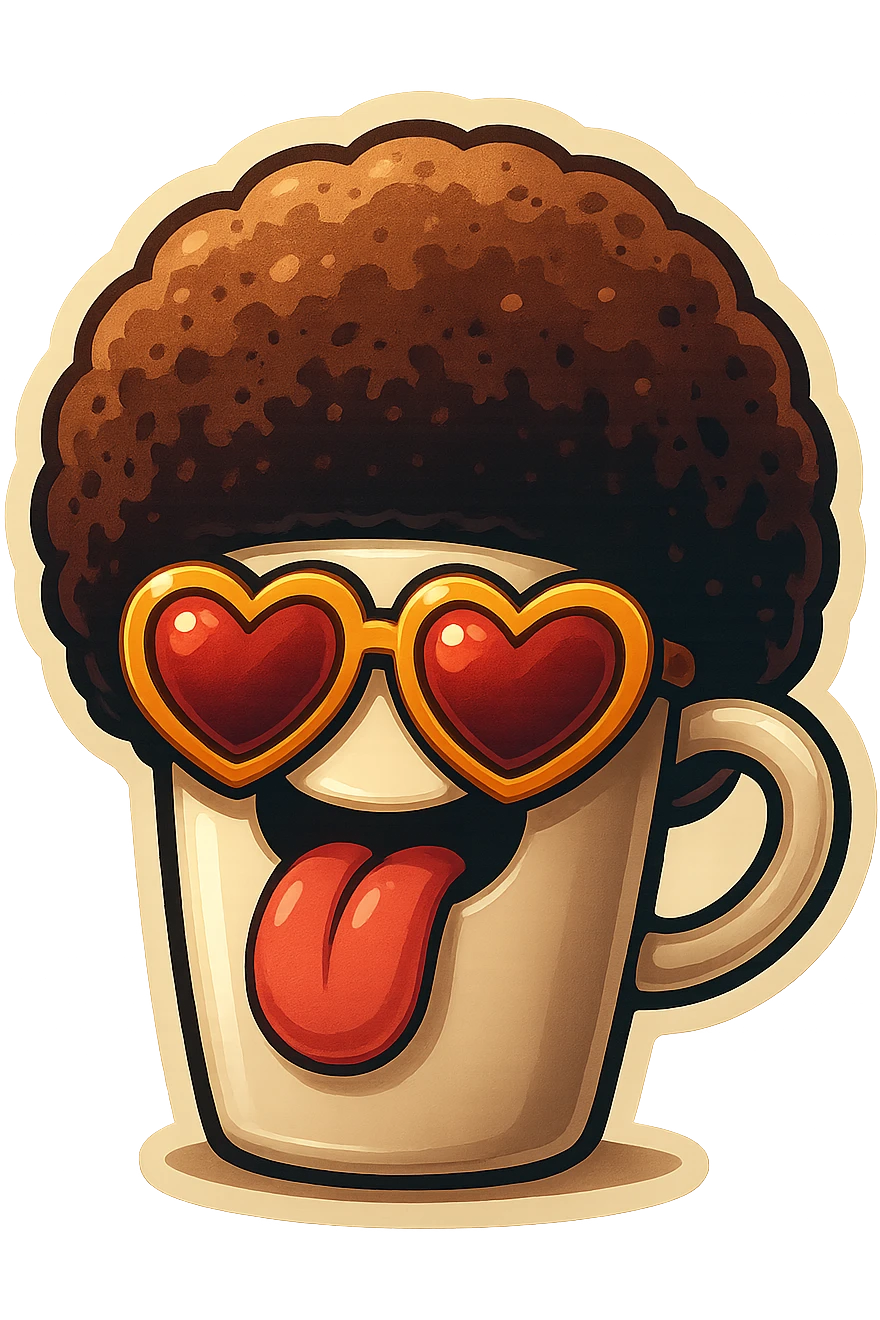 Tall coffee cupp, afro, heart glasses, big heart eyes, tounge rolled out emoji