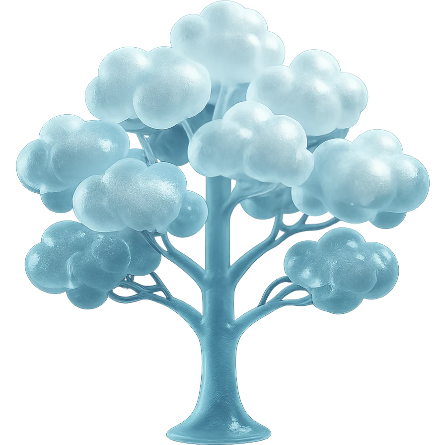 one tree with many branches and a white trunk, crown made of small very bright white fluffy convex clouds, matte glass style emoji