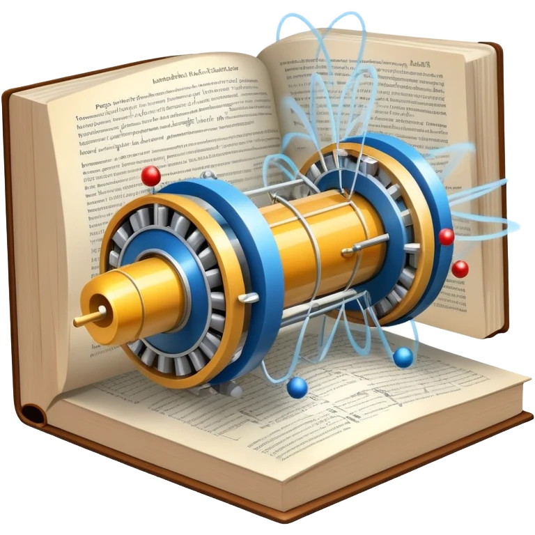 An icon featuring a physics textbook, a large Hadron Collider with particles flying off, symbolizing the study of physics. The design includes atomic models, energy waves, and scientific formulas, representing fundamental physical principles and research. Transparent background. emoji