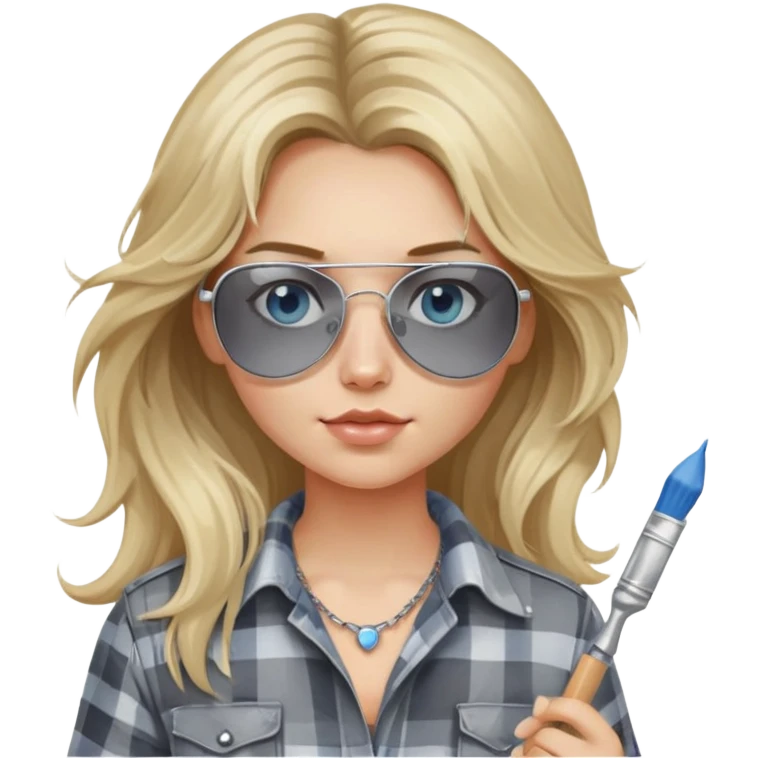 girl with long blond messy hair, wearing grey plaid shirt with blue eyes and aviator sunglasses wearing a ring on her silver necklace, holding a paint brush roller with a small bit of white paint on her face emoji