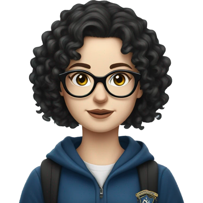 Hyper realistic White girl with long black curly hair and glasses wearing a ravenclaw school inform emoji
