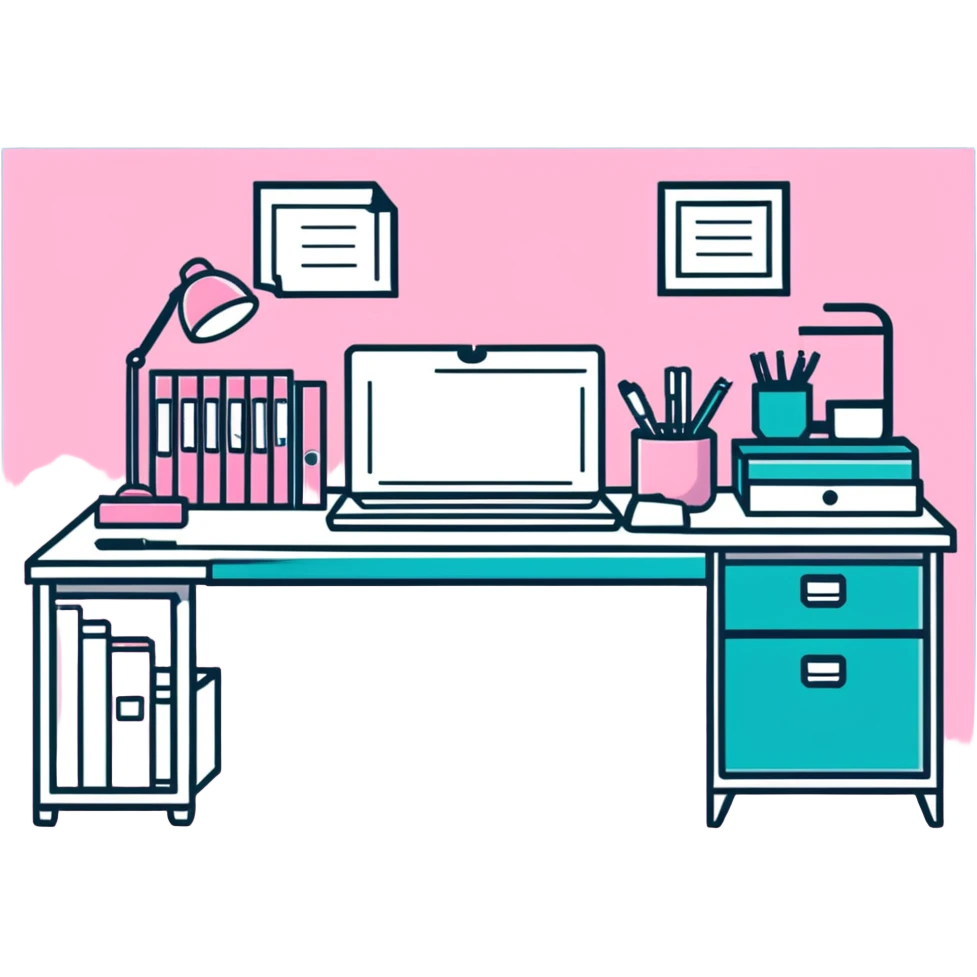 pink office desk with supplies emoji