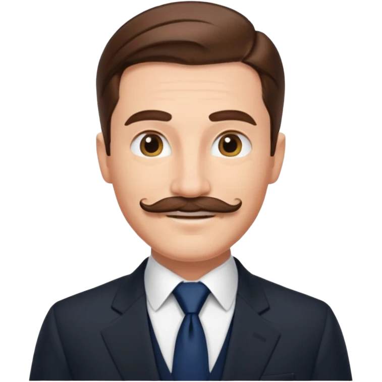 Caucasian gentleman emoji, slicked back brown hair, black suit, navy tie, smiling, mustache emoji