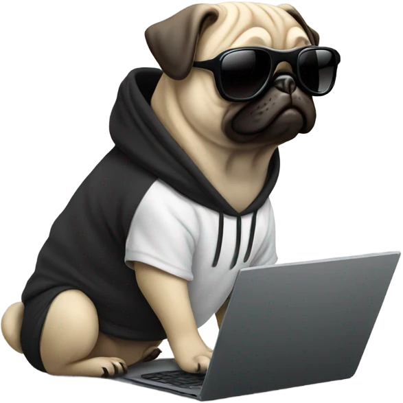 Pug wearing a black hoodie and using a laptop and wearing sunglasses emoji