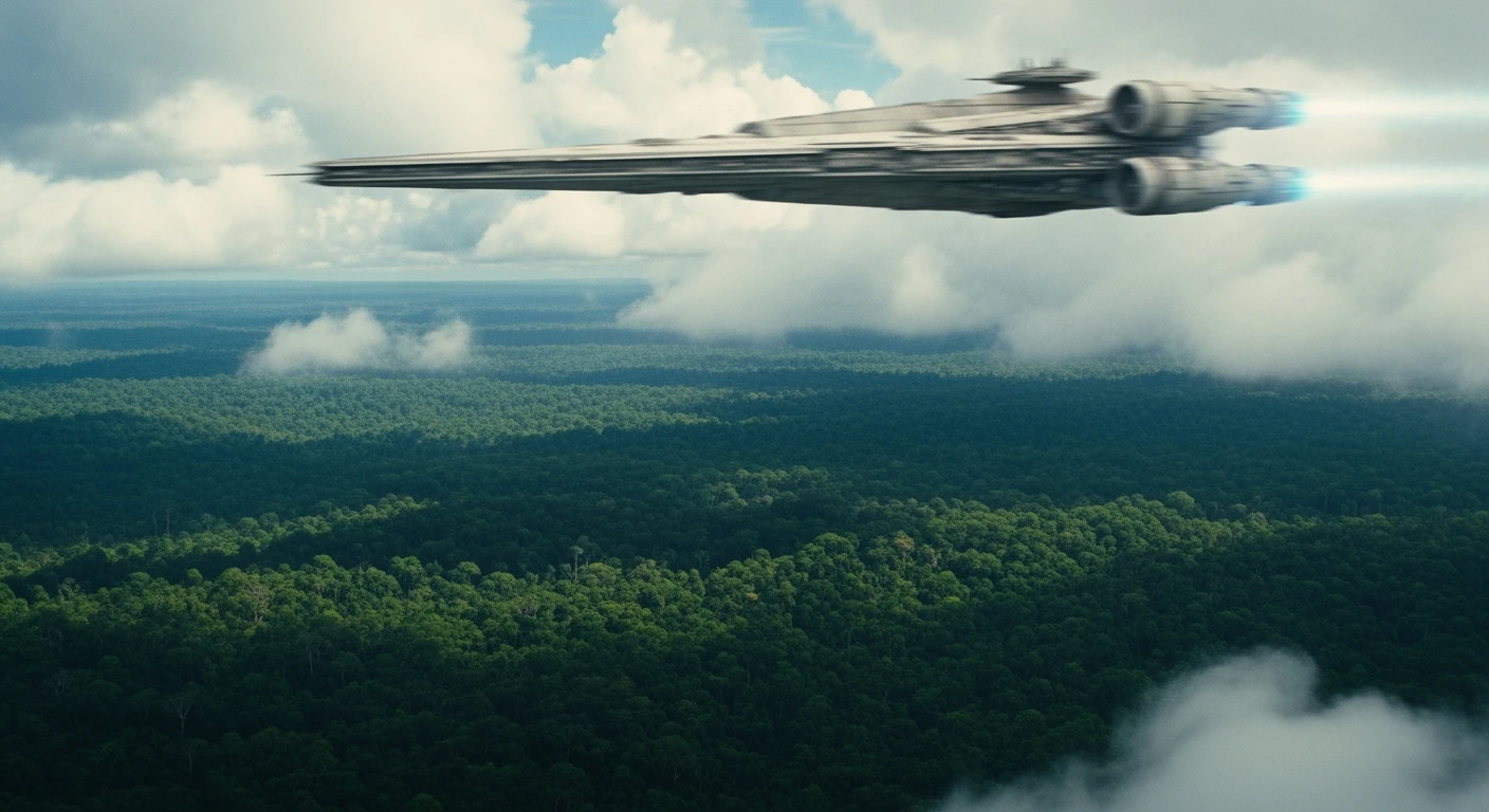 cinematic still, motion blur shutter speed, establishing shot, shot from top, amazon jungle from top,  starship around clouds, inspired by StarWars movie, captured by arri alexa emoji