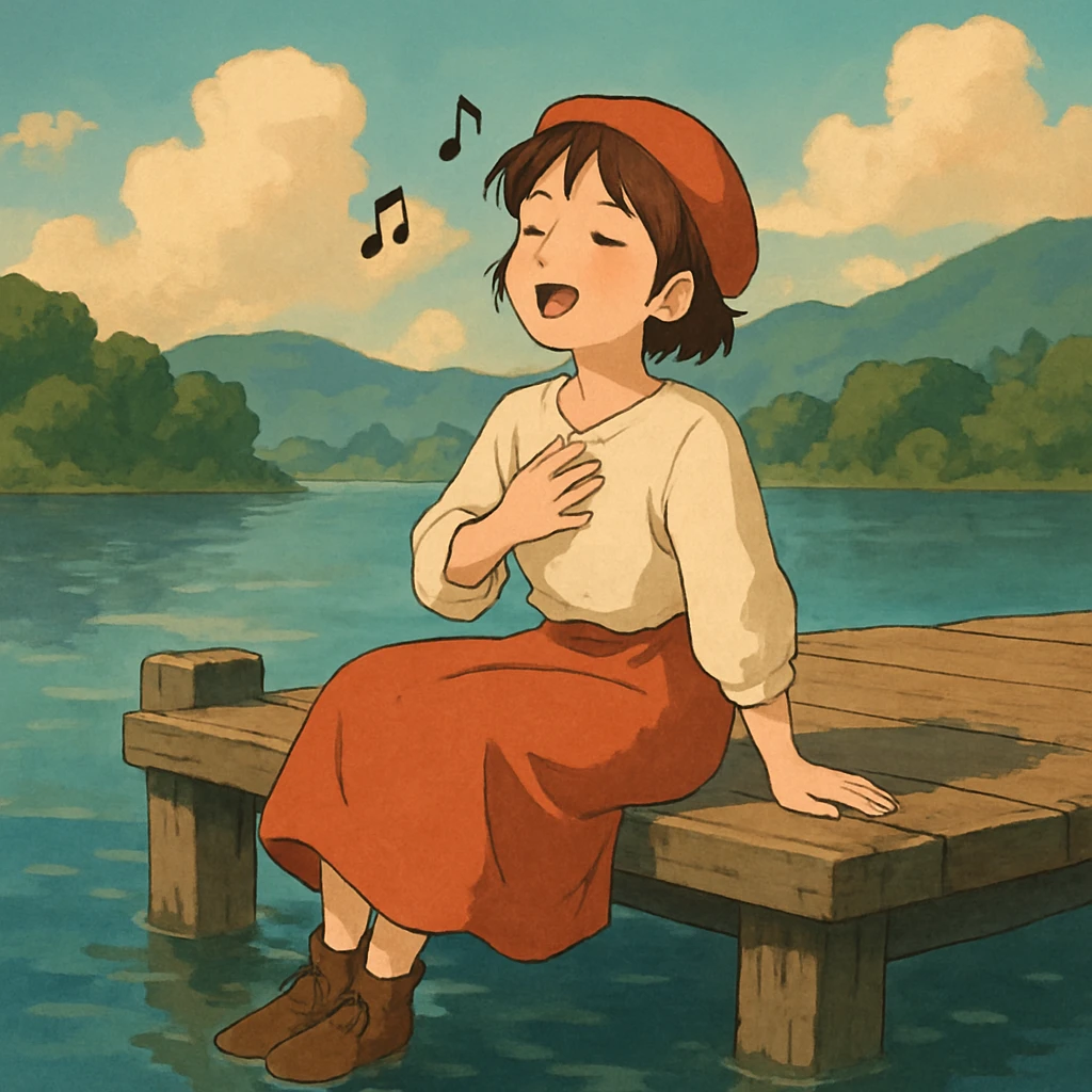 person sitting on a dock singing a song, ghibli style emoji
