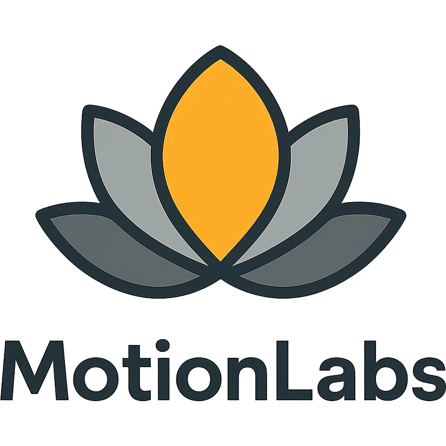 modern luxury logo for MotionLabs with abstract lotus, colors #ffa31a, #808080, #292929, dark background emoji