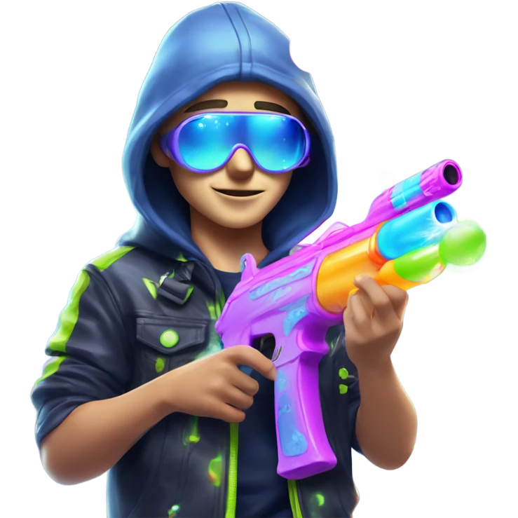 Caucasian boy in glowing rave outfit with mask, sunglasses, and headgear, shooting bubbles out of a water gun emoji
