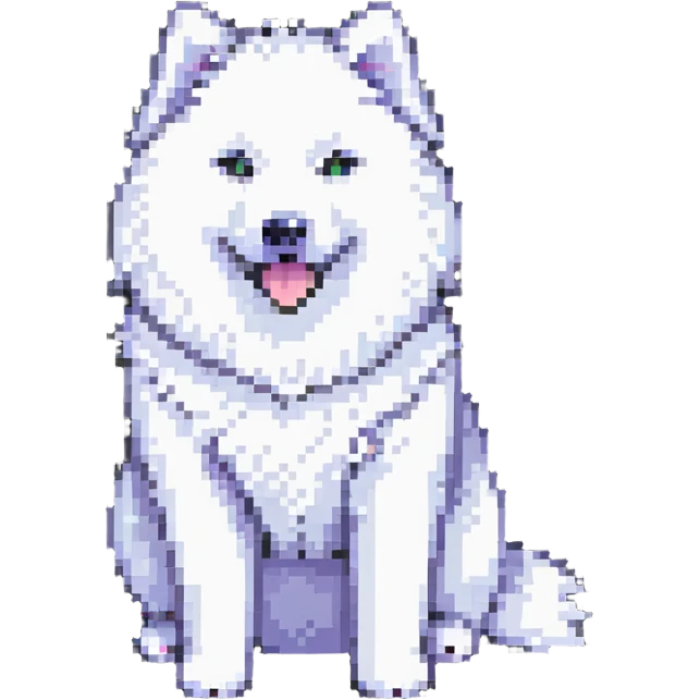 A pixel art Samoyed dog, sitting, facing forward, white fur, black eyes, smiling, simple background. emoji