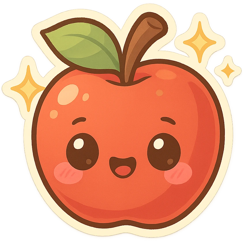 chibi sticker-style apple with sparkles, cute and exaggerated emoji