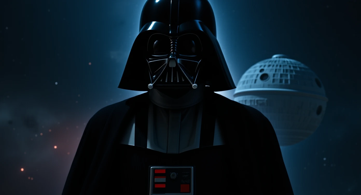 cinematic still, documentary photography, space and death star, well lit scene, Darth Vader floating in space, close up, front shot, rule of thirds emoji