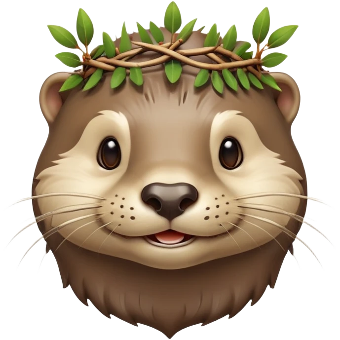 anthropomorphic smiling otter face in three-quarter profile view with simple thorny stem wrapped horizontally around its forehead like Jesus Christ's Crown of thorns, more human-like features, expressive eyes, human-like expressions, Apple emoji style, glossy finish emoji